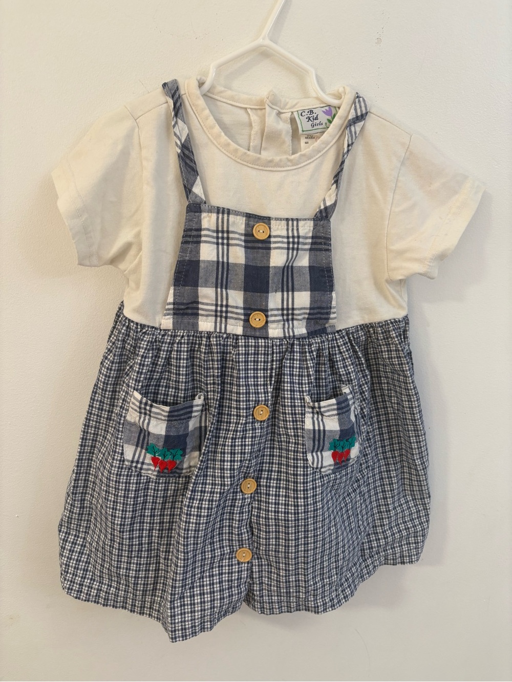 Vintage Cream Tee with Navy Plaid Pinafore Dress 2-3 years
